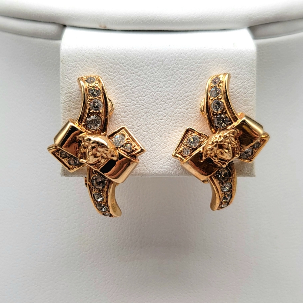 Versace Medusa Head and Diamond Swarovski Crystal Swirl Drop Earrings Clip On